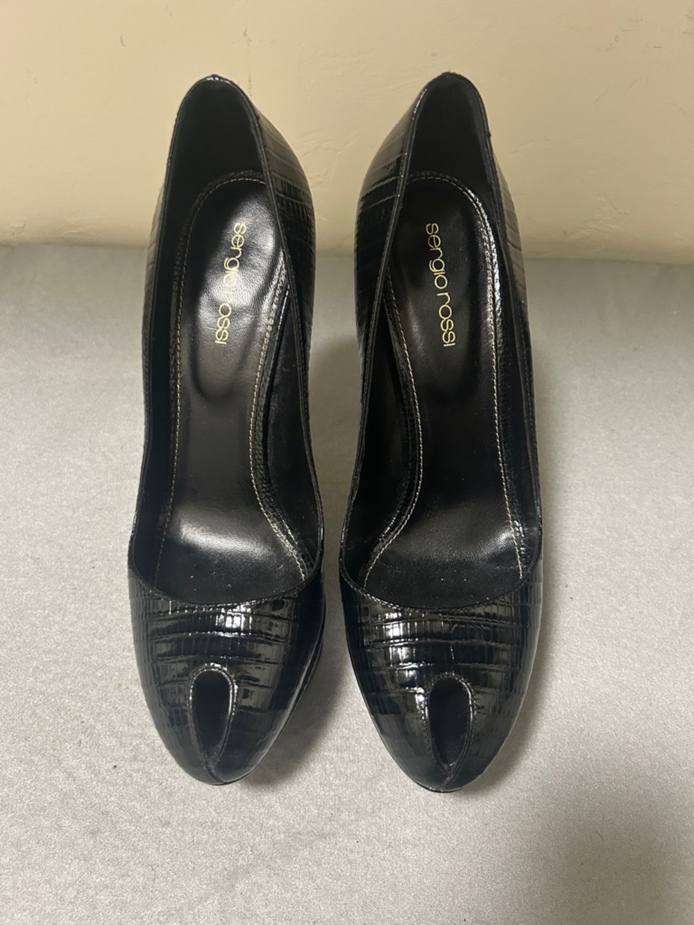 Sergio Rossi Black Patent Croc-Embossed Peep-Toe Heels